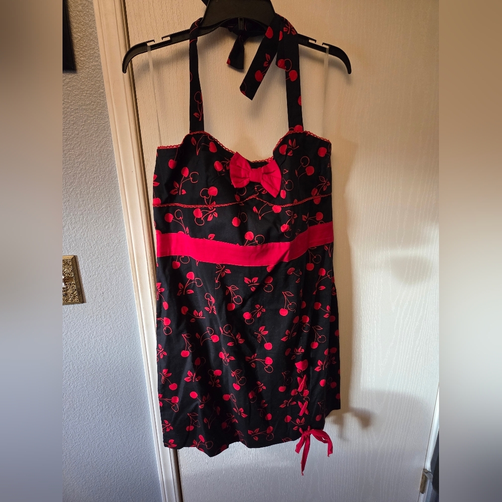 Sweet Love Black and Red Cherry Print  Halter Dress